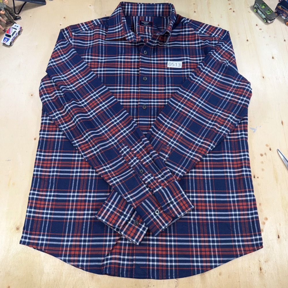 UNTUCKIt Mens Medium Slim Fit Flannel Shirt Navy Blue Orange Plaid Button Down